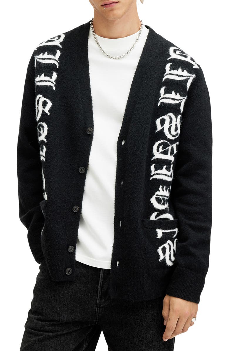 AllSaints Scripture Wool Blend Cardigan, Main, color, 