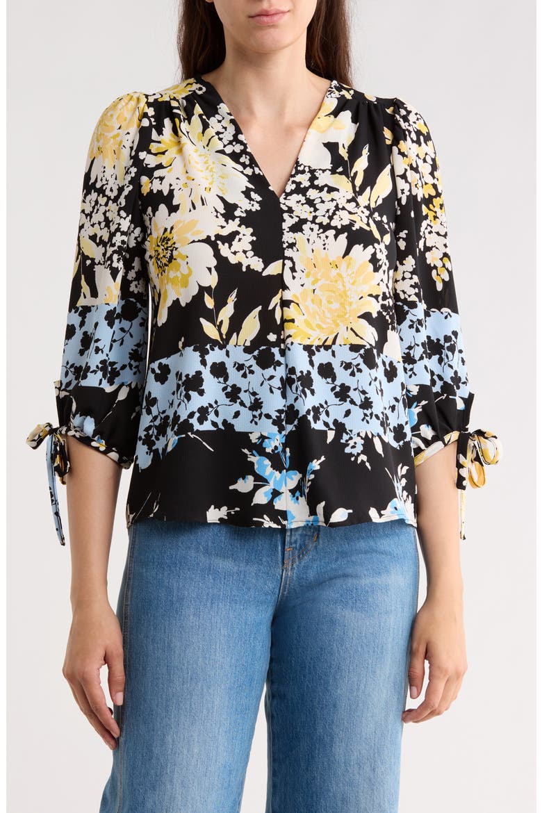 Tie Cuff Floral Top, Main, color, BLACK