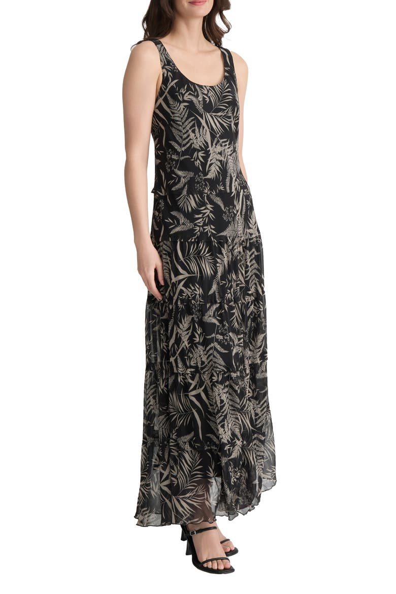 Botanical Print Chiffon Tiered Maxi Dress, Alternate, color, JONES BLACK / JONES KHAKI