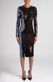TOM FORD Colorblock Paillette Long Sleeve Tulle Sheath Dress