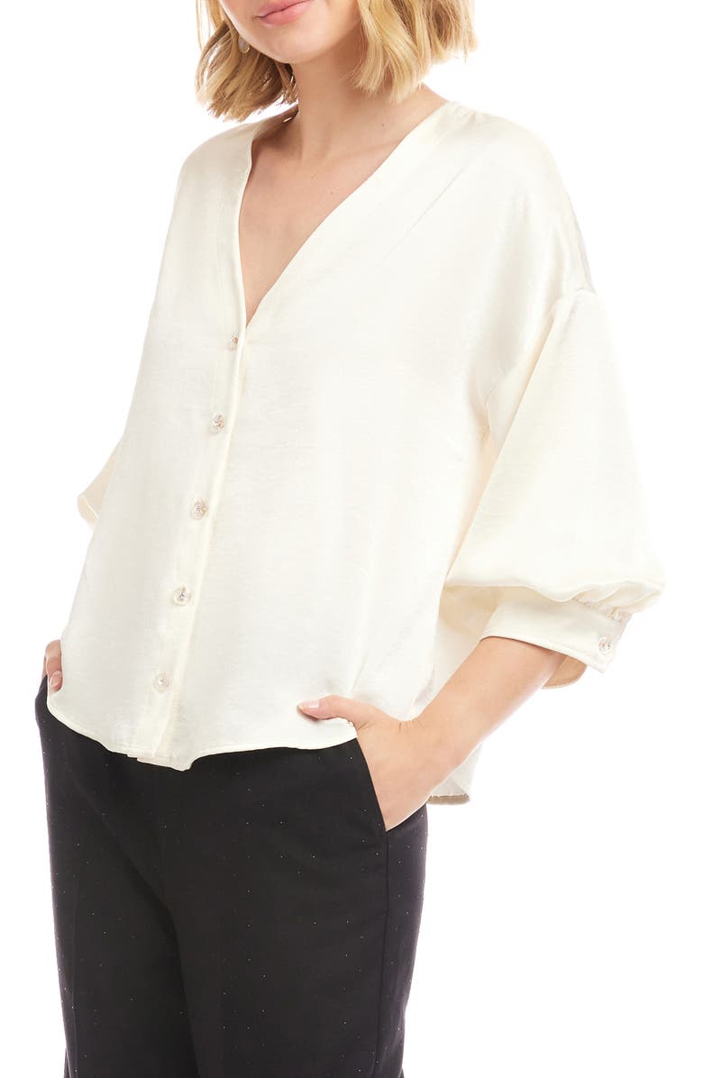 Karen Kane Satin Lantern Sleeve Button-Up Shirt, Alternate, color, Cream
