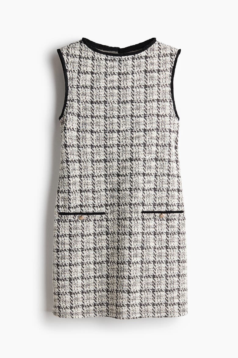 Fringed Bouclé-knit Dress, Alternate, color, Cream/black plaid