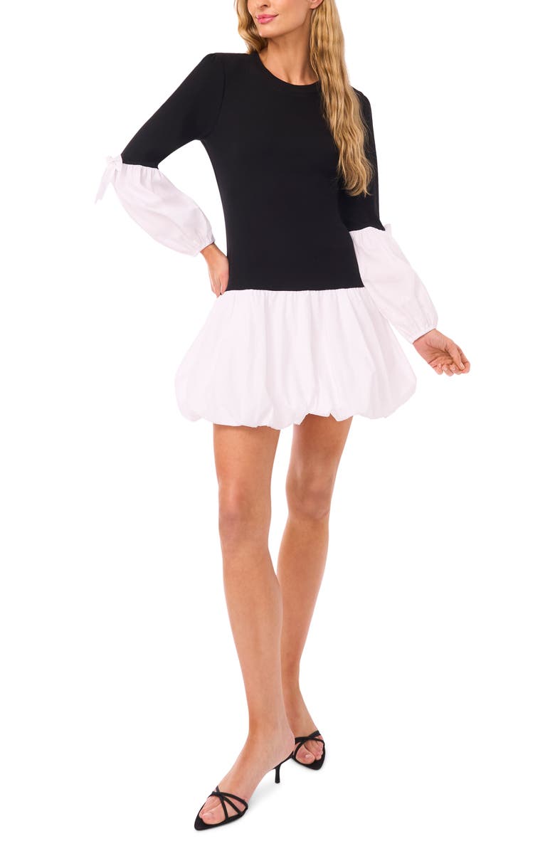 CeCe Mixed Media Long Sleeve Minidress, Main, color, Black/ White