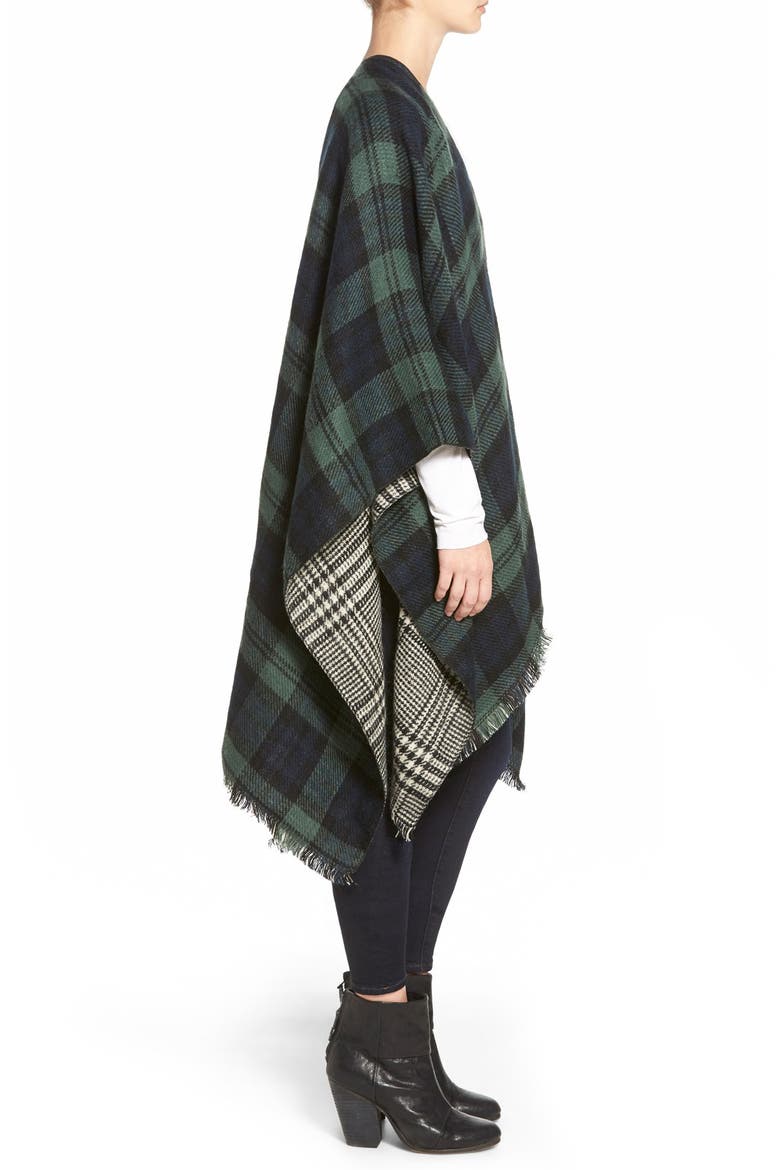 'Double Plaid' Reversible Cape, Alternate, color, GREEN