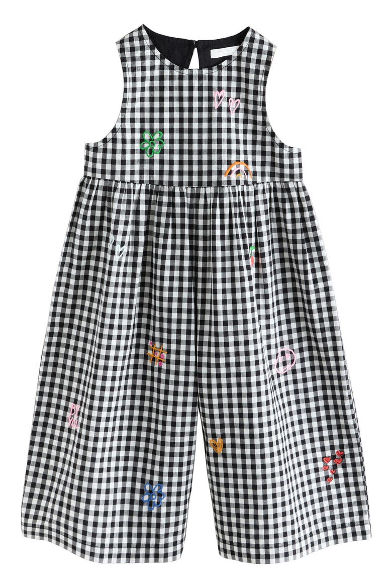 Kids' Gingham Embroidered Wide Leg Jumpsuit, Main, color, BLACK/ WHITE/ MULTI