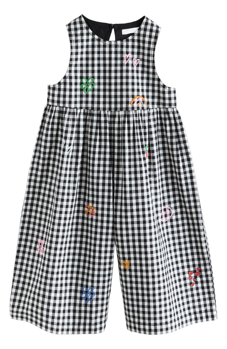 NEXT Kids' Gingham Embroidered Wide Leg Jumpsuit, Main, color, Black/ White/ Multi