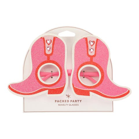 Better in Boots Pink Glitter Cowboy Boot Novelty Party Glasses - Glitter Felt Boot Shape with Jewel Heart Details, One Size Fits All