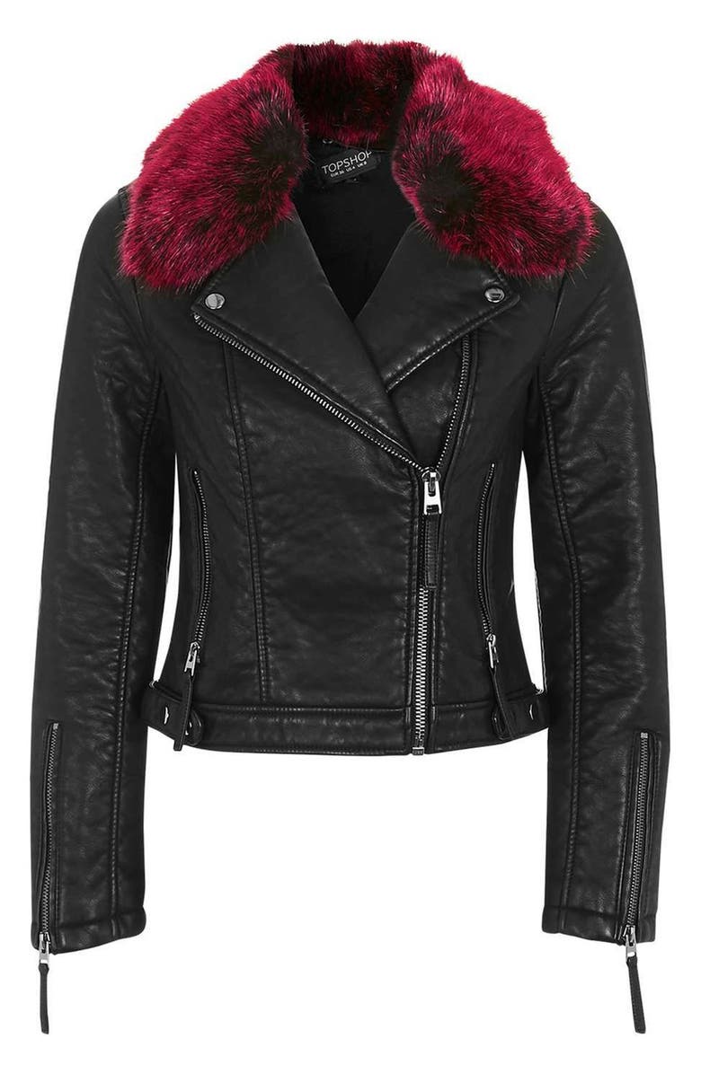 Topshop 'Honey' Faux Fur Collar Faux Leather Moto Jacket, Alternate, color,