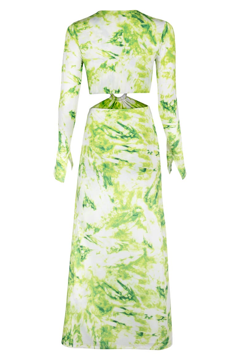 Lola Leopard Print Cutout Detail Long Sleeve Midi Dress, Alternate, color, LIME MARINE TIE DYE