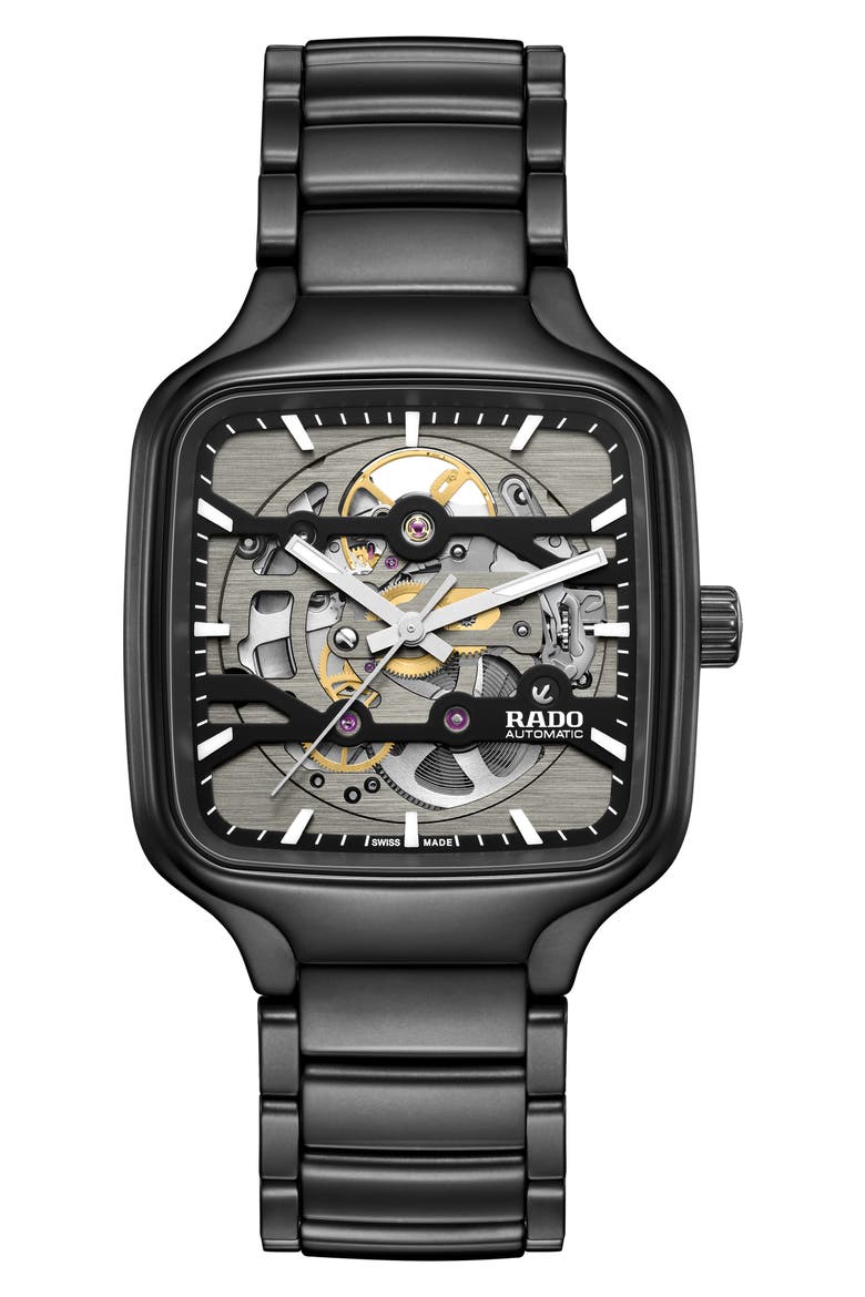 True Square Skeleton Automatic Ceramic Bracelet Watch, 38mm, Main, color, BLACK