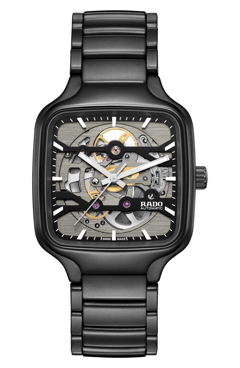 RADO True Square Skeleton Automatic Ceramic Bracelet Watch, 38mm, Main, color, Black