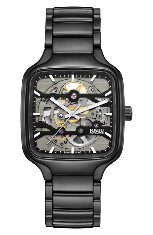 RADO True Square Skeleton Automatic Ceramic Bracelet Watch, 38mm in Black 