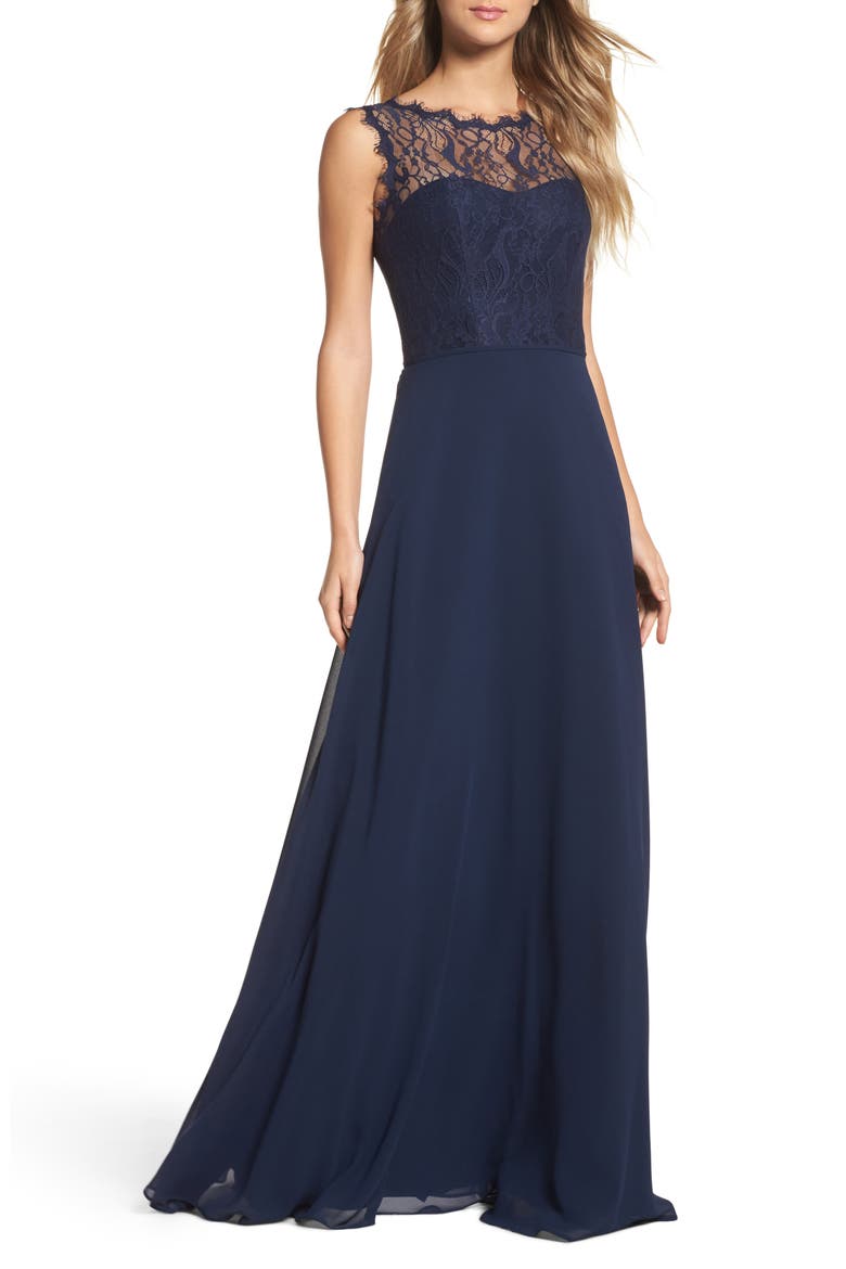 Lace & Chiffon A-Line Gown, Main, color, NAVY