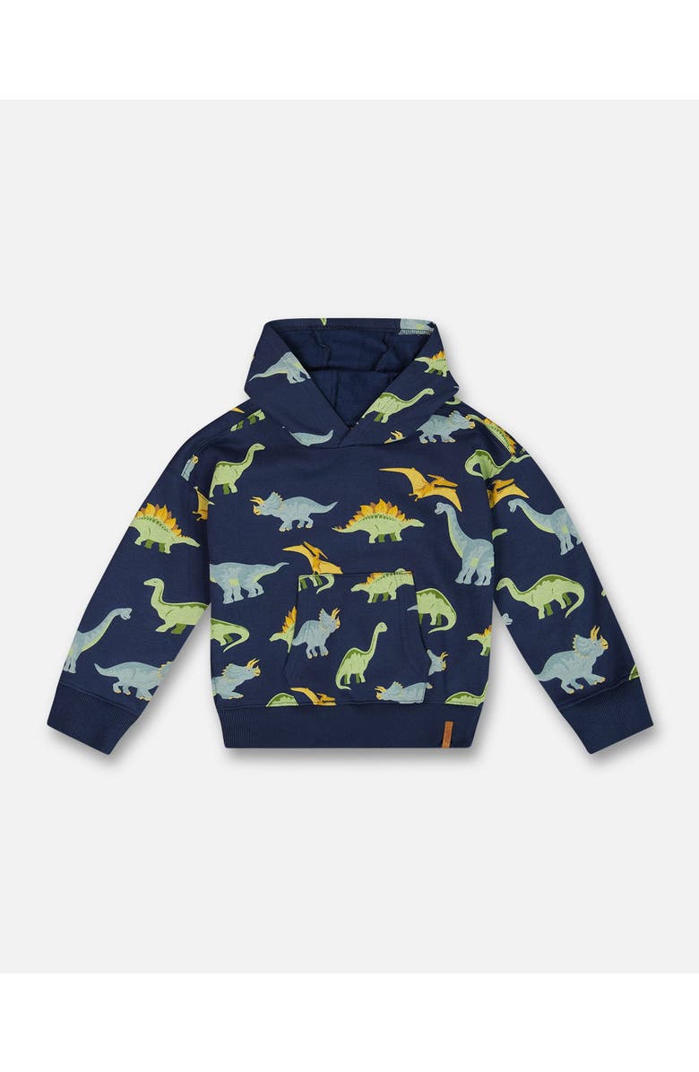 Deux par Deux Boy's Printed Dino Fleece Hooded Sweatshirt Navy, Main, color, 