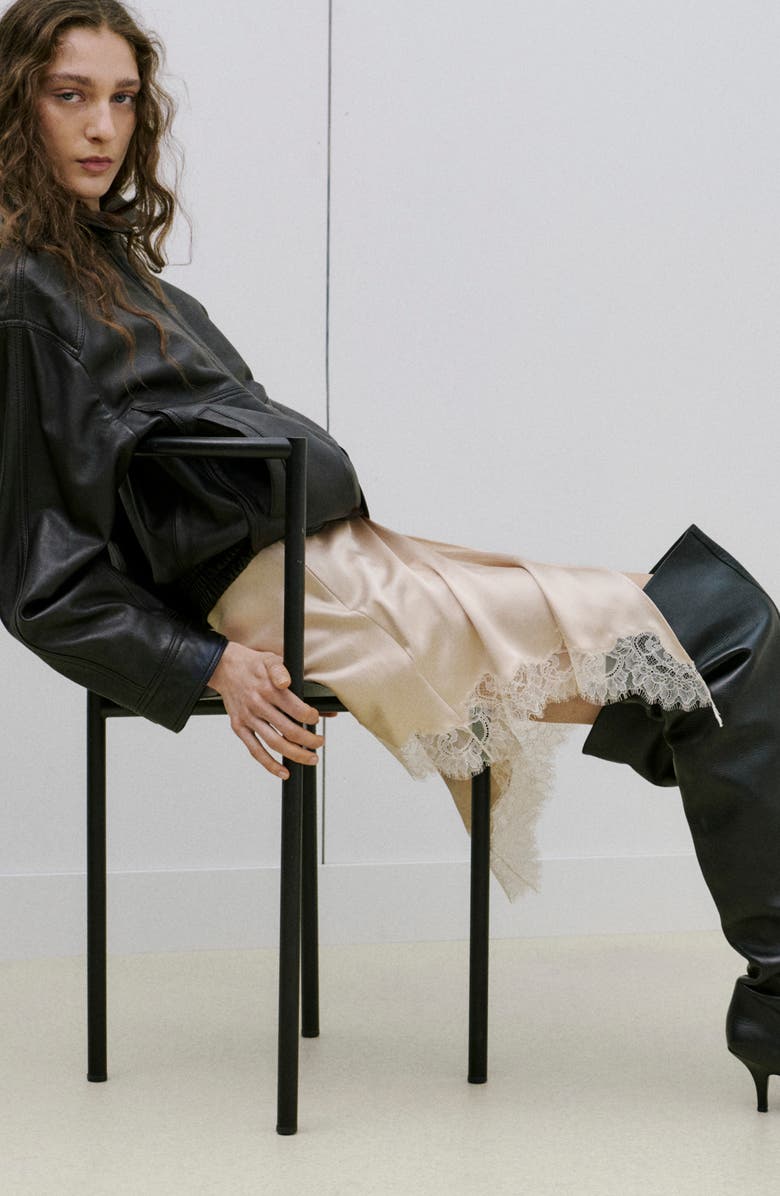 MANGO Lace Trim Satin Skirt, Alternate, color, Beige