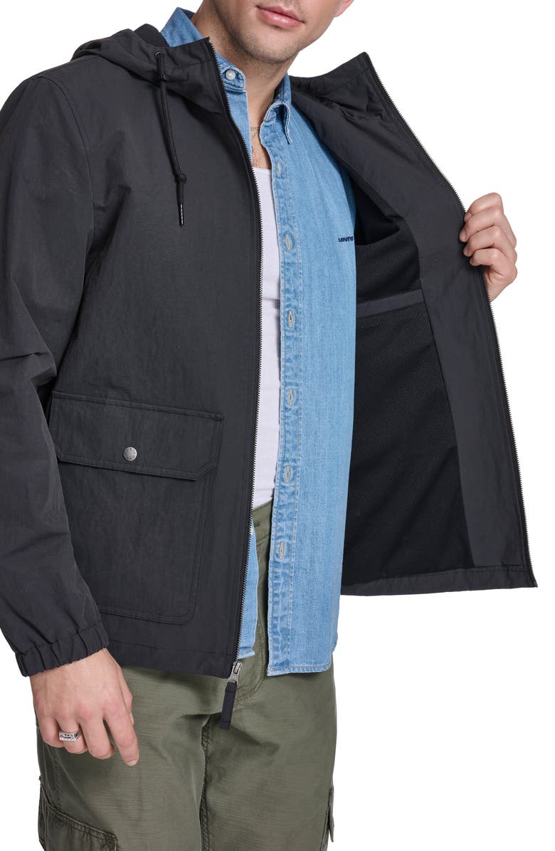 Levi's Water Resistant Hooded Nylon & Cotton Jacket, Alternate, color, Black