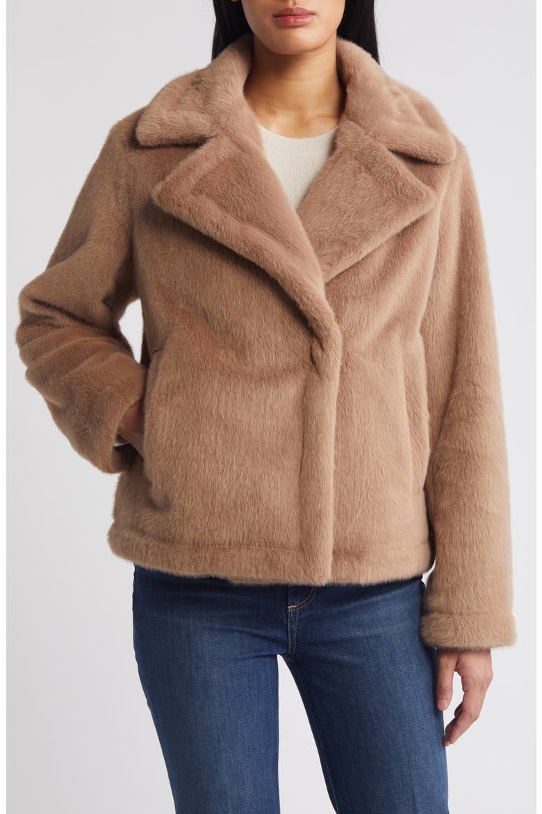 Notched Lapel Faux Fur Jacket, Main, color, SEPIA TAUPE