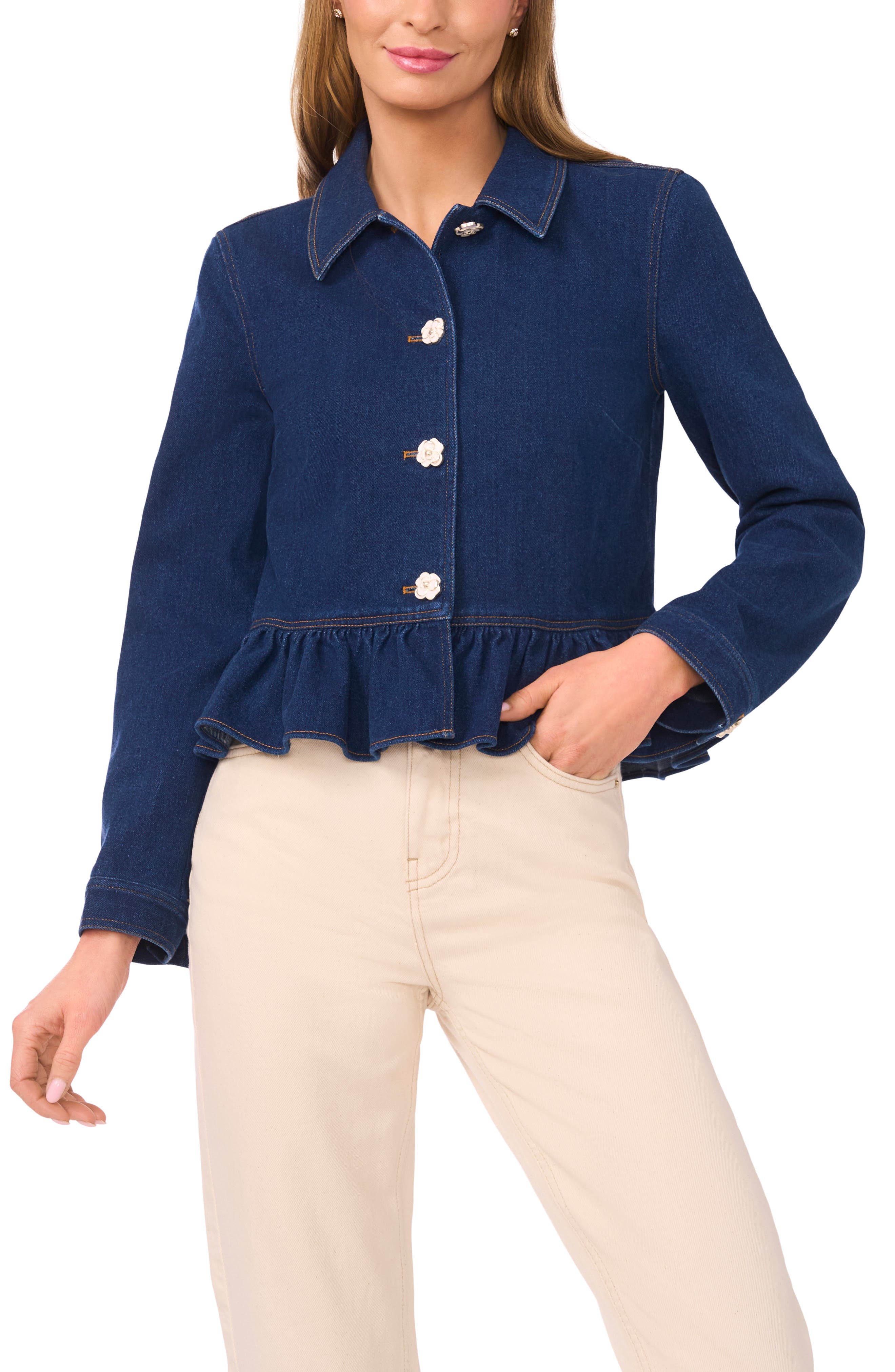 Floral Button Peplum Denim Jacket