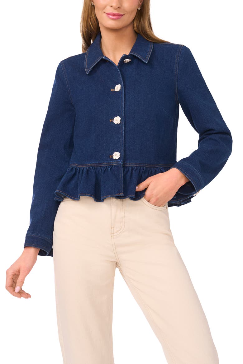 Floral Button Peplum Denim Jacket, Main, color, MID INDIGO