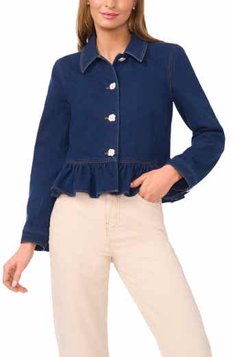 CeCe Floral Button Peplum Denim Jacket