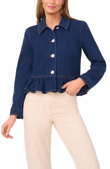 CeCe Floral Button Peplum Denim Jacket