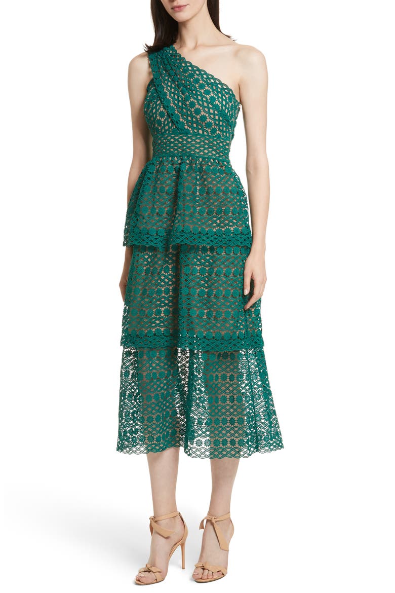 Lace One-Shoulder Midi Dress, Main, color, GREEN