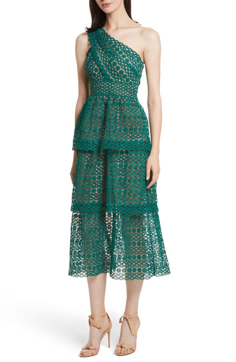 Self-Portrait Lace One-Shoulder Midi Dress, Main, color, 