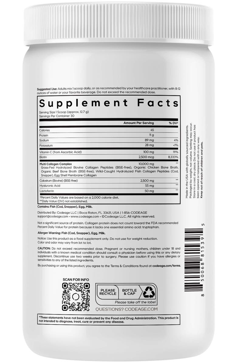 Codeage Multi Collagen Colostrum Powder Platinum, Grass-Fed, Bovine Colostrum, Lactoferrin, Alternate, color, White