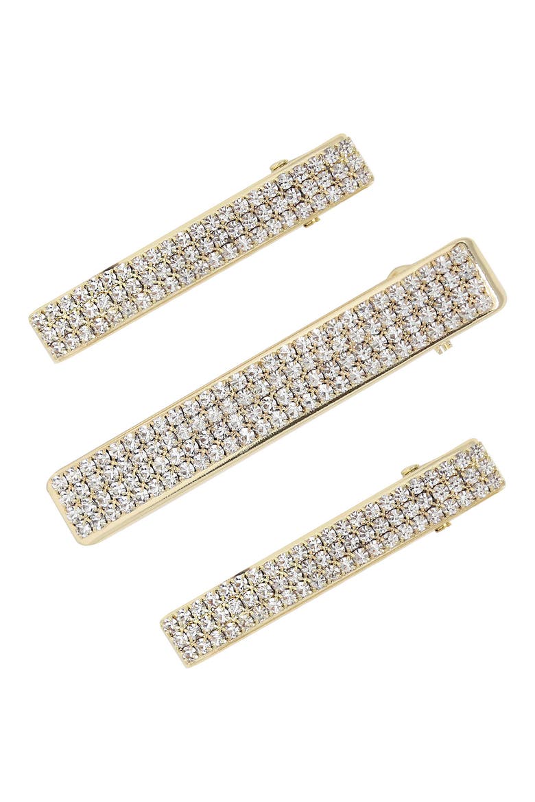 Set of 3 Crystal Hair Clips, Main, color, GOLD
