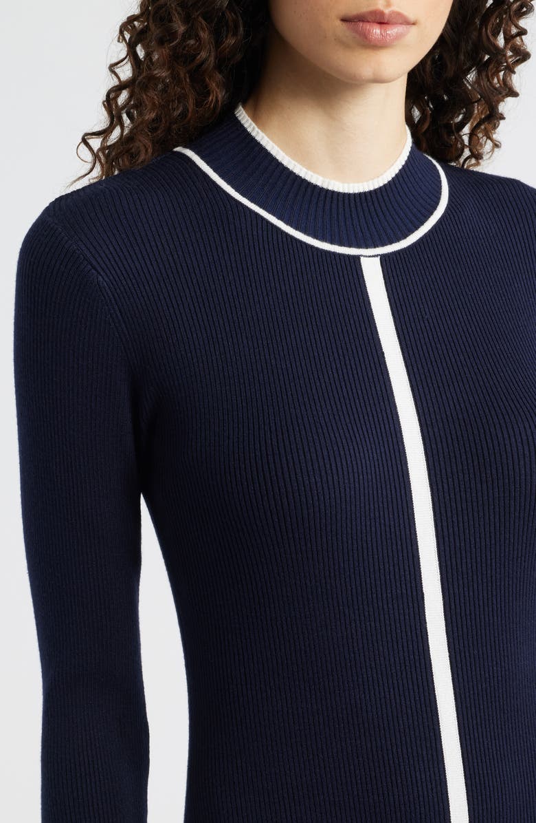 Elie Tahari The Noemi Contrast Trim Long Sleeve Rib Midi Dress, Alternate, color, Navy/ Sky White