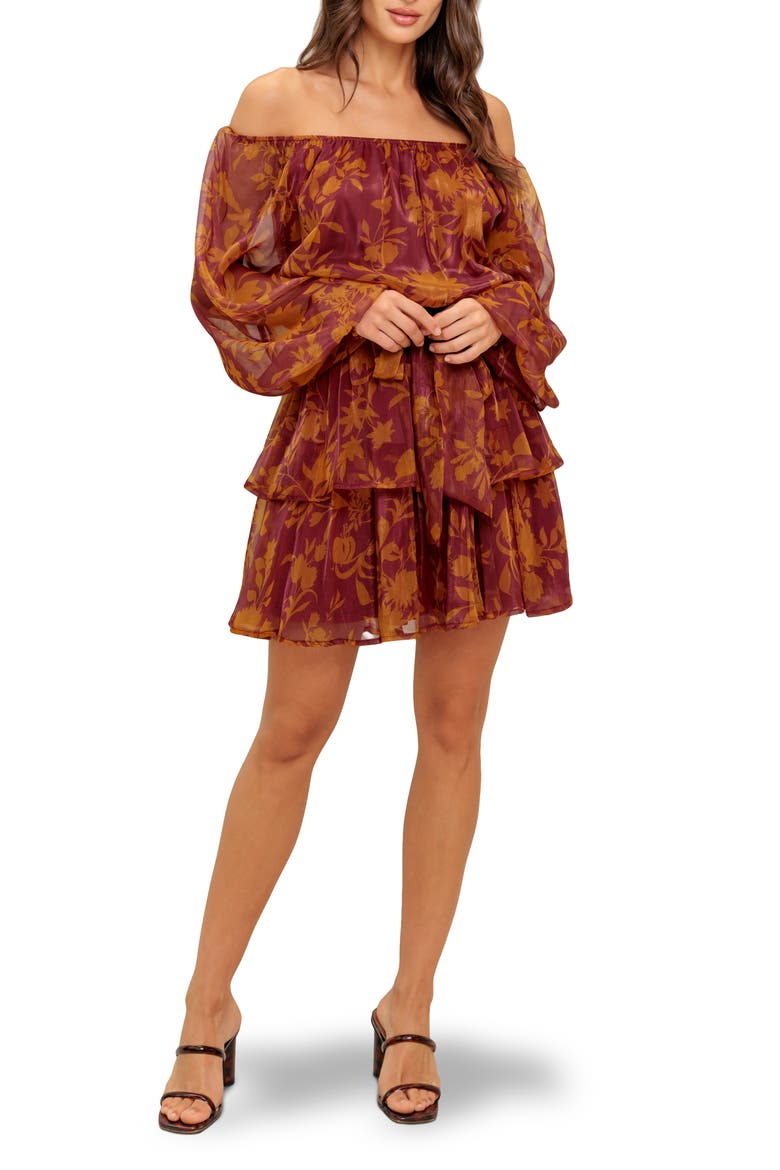 Floral Off the Shoulder Long Sleeve Minidress, Main, color, MAROON