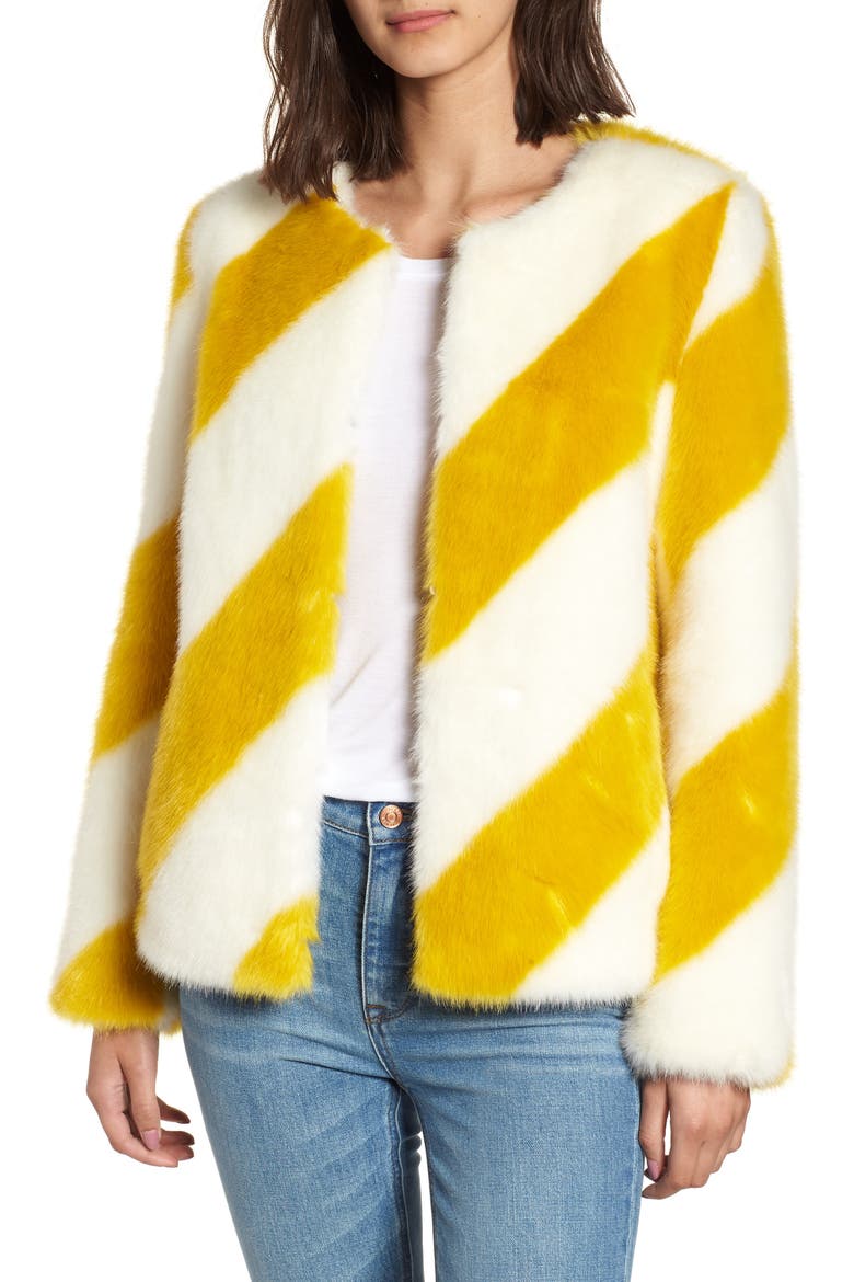 Collarless Chubby Faux Fur Jacket, Main, color, IVORY/ MARIGOLD STRIPE