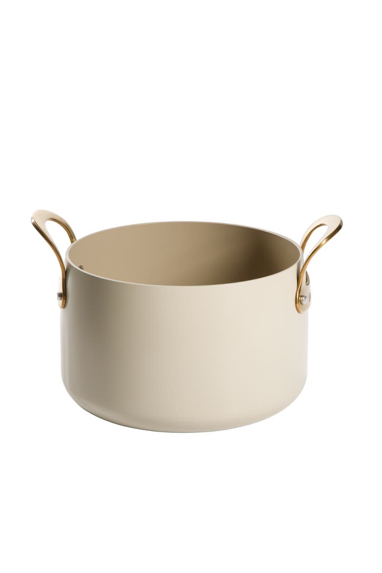 8 Quart Stock Pot with Lid, PFAS-Free Ceramic Nonstick Dutch Oven, Heavy Duty Aluminum, Alternate, color, Linen White with Gold Handle