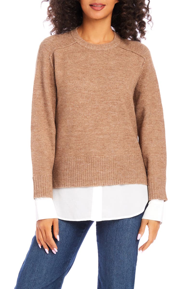 Karen Kane Mixed Media Layered Crewneck Sweater, Main, color, Wheat