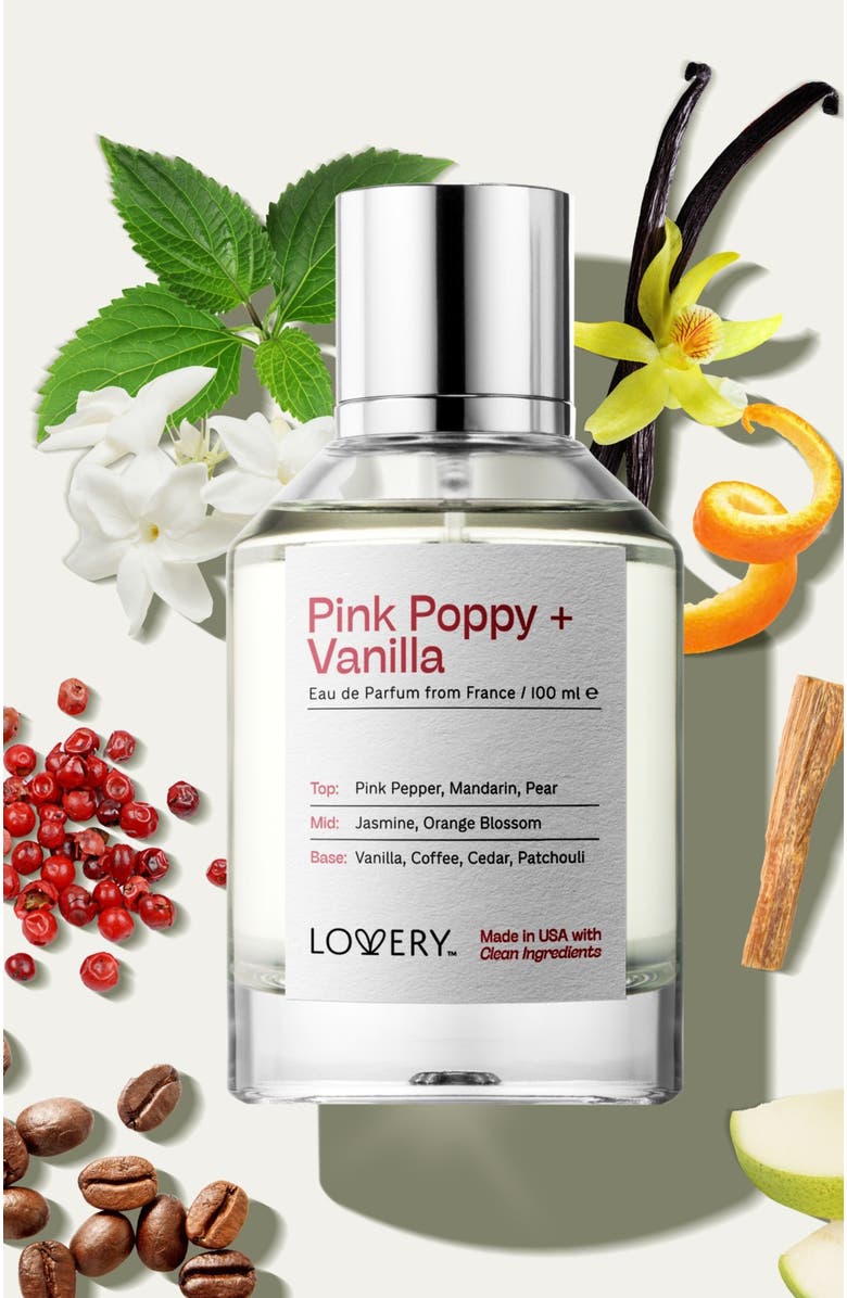 Lovery Pink Poppy and Vanilla Eau de Parfum Spray, Made in USA 3.4 oz, Main, color, Silver, White, Cream, Black
