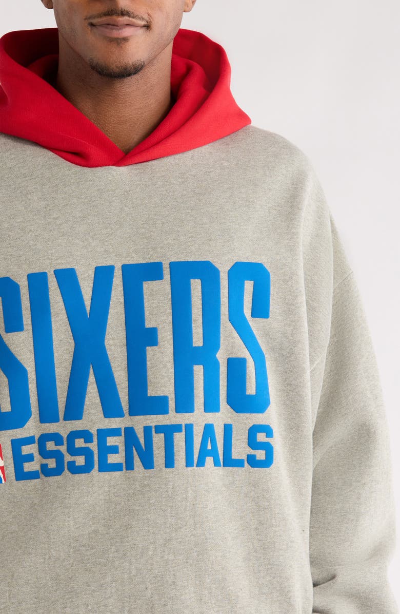 Fear of God Essentials Sixers Cotton Blend Hoodie, Alternate, color, Concrete Heather/ Red