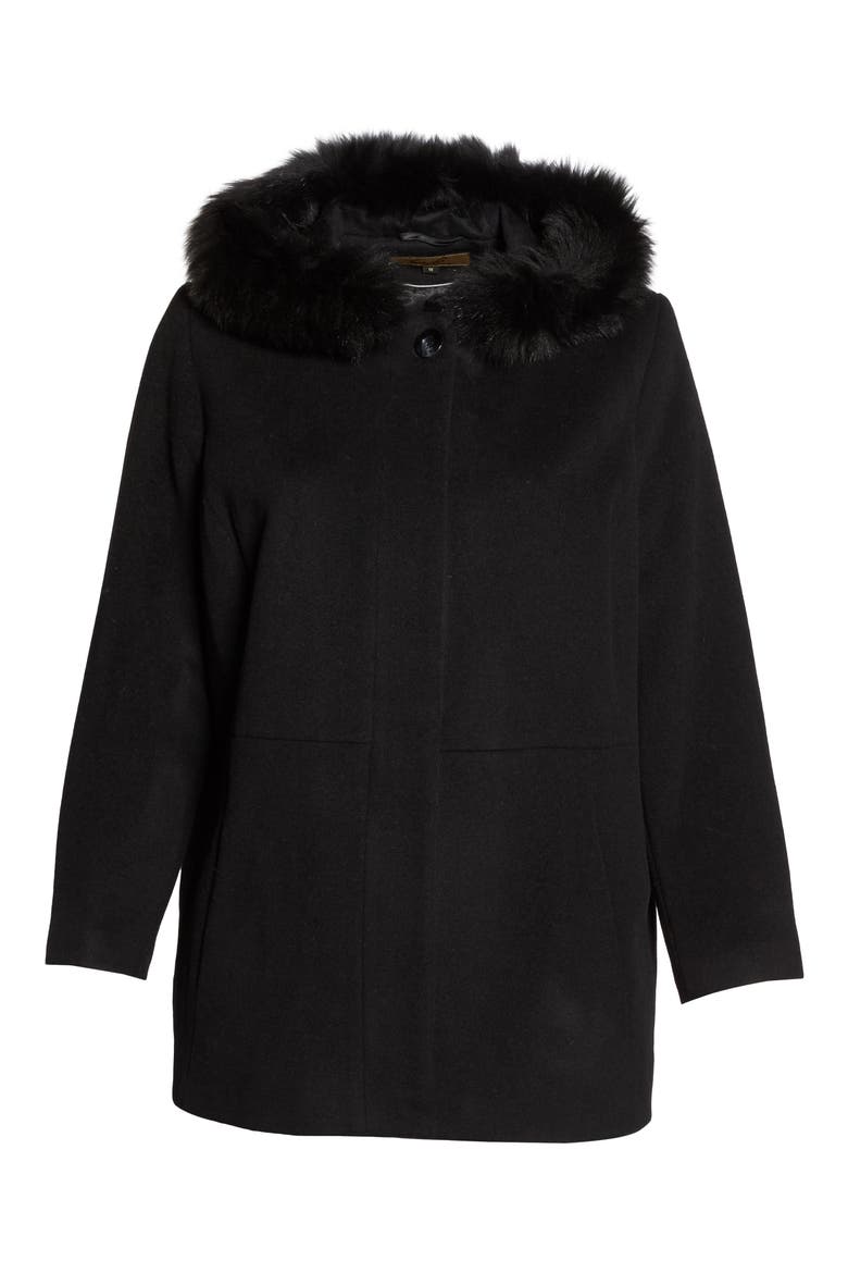 Genuine Fox Fur Trim Hooded Wool Blend Jacket, Alternate, color, BLACK