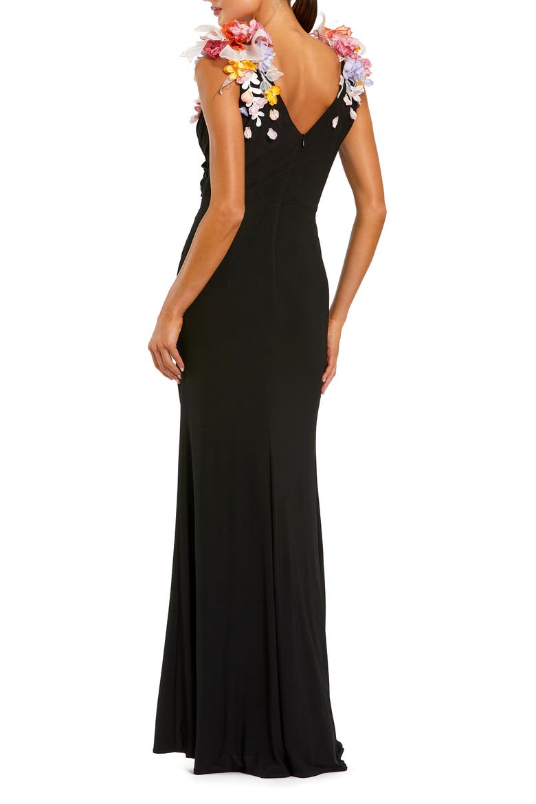 Sleeveless Jersey Gown With 3D Flower Detail, Alternate, color, Black Multi