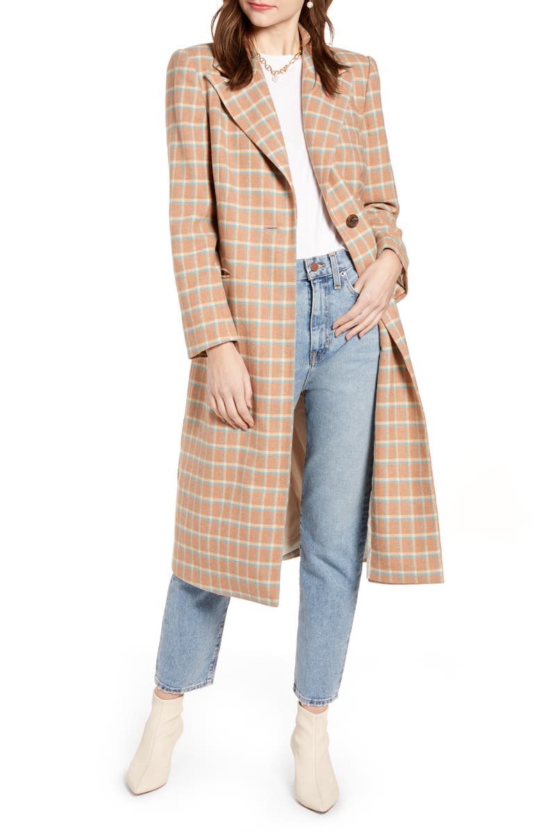 Something Navy Single Breasted Plaid Wool Blend Topper, Main, color, 