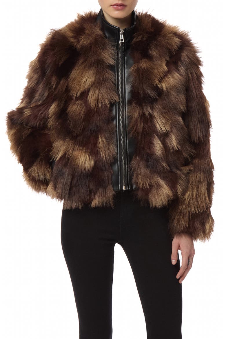 Lillet Patchwork Faux Fur Bomber Jacket, Main, color, NOIR/ BROWN MULTI