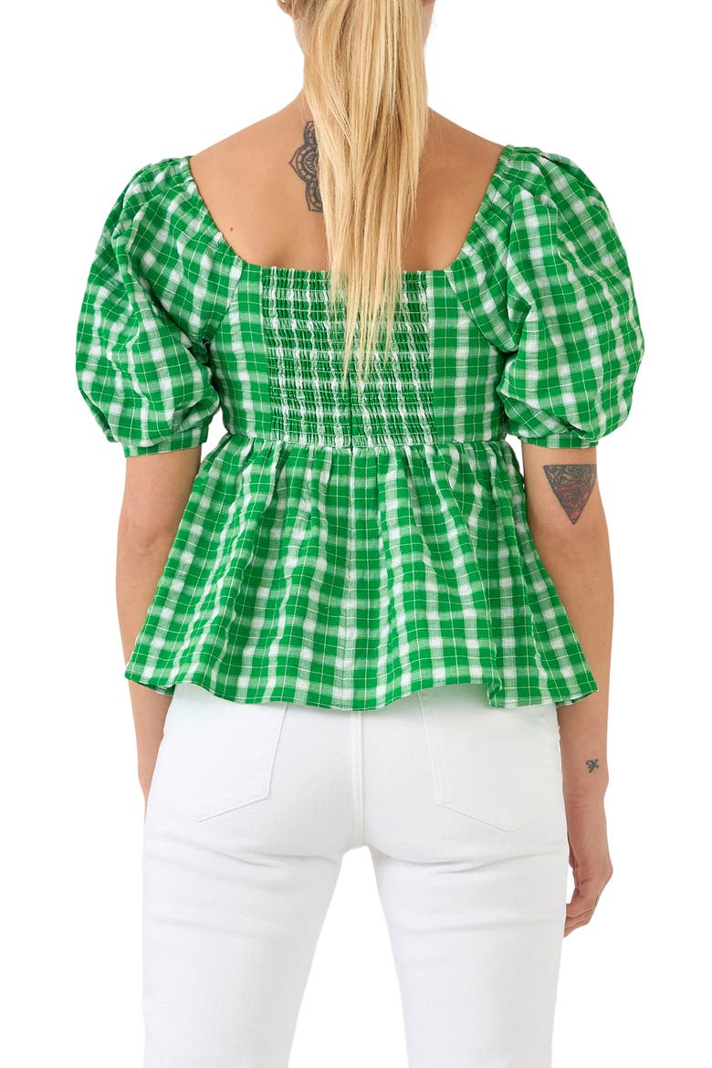 Twist Front Gingham Puff Sleeve Top, Alternate, color, GREEN