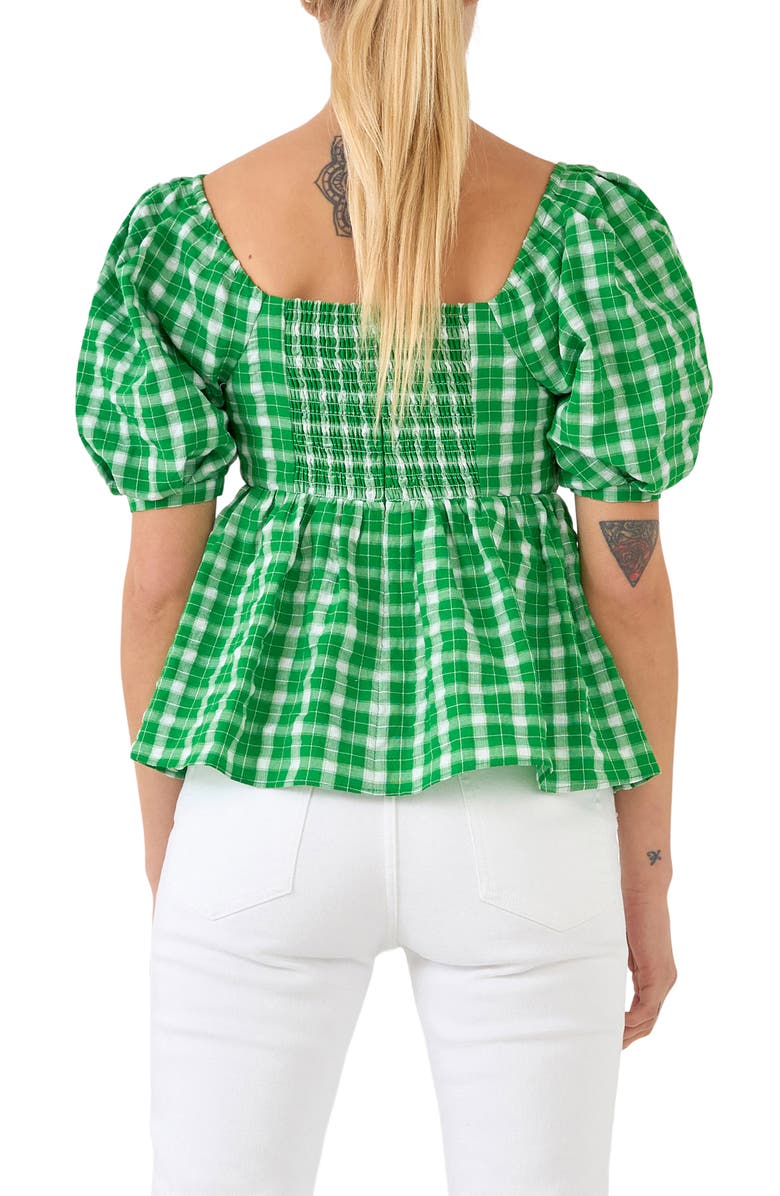 English Factory Twist Front Gingham Puff Sleeve Top, Alternate, color, Green