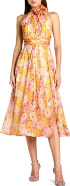 Mac Duggal Printed Chiffon Mock Neck Sleeveless Midi Dress