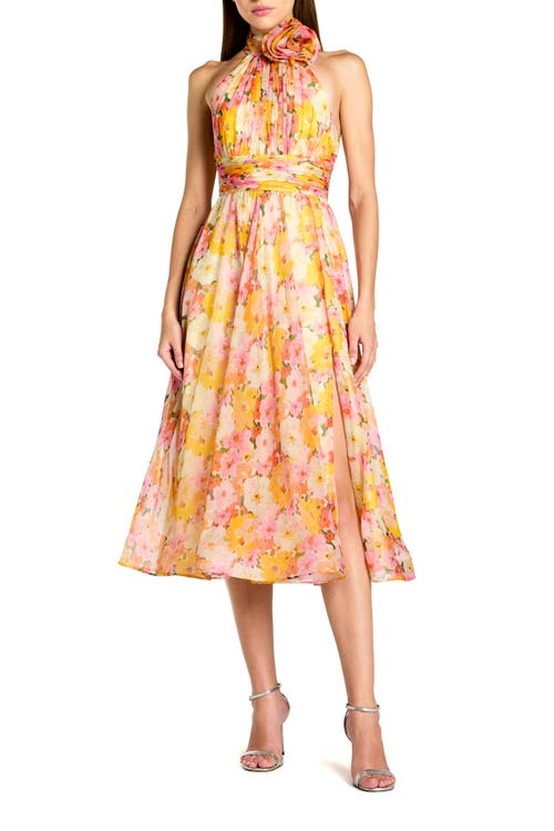 Mac Duggal Printed Chiffon Mock Neck Sleeveless Midi Dress in Yellow Multi at Nordstrom, Size 0