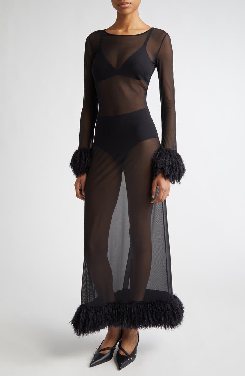 knee length dresses for ladies Miss Circle Women Bellis Black Fur Trim Mesh Panel Off-Shoulder Midi Dress main image 0