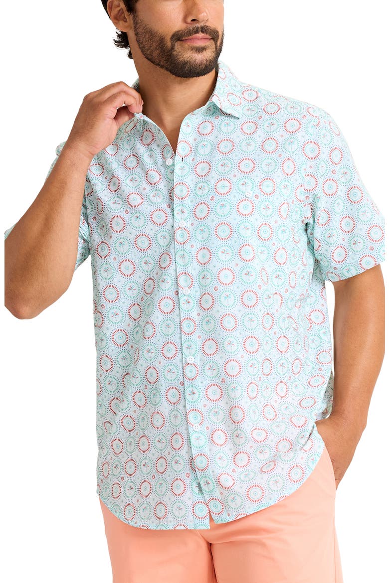 Bahama Coast Retro Palms IslandZone® Short Sleeve Button-Up Shirt, Main, color, GREEN SPIZA
