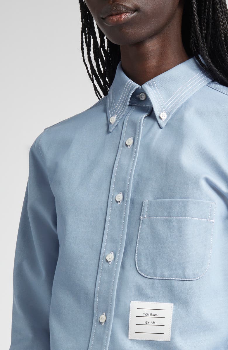Thom Browne Classic Denim Cropped Button-Down Shirt, Alternate, color, Light Blue