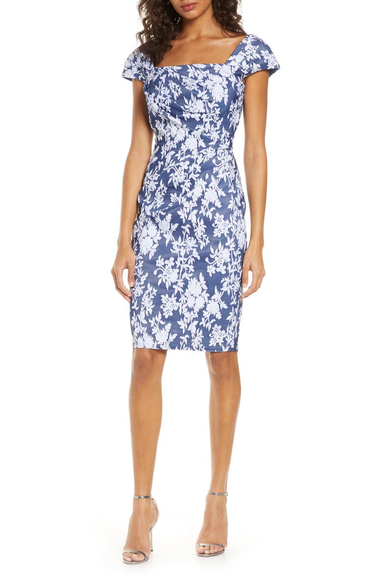 Brocade Cocktail Dress, Main, color, IVORY/ NAVY