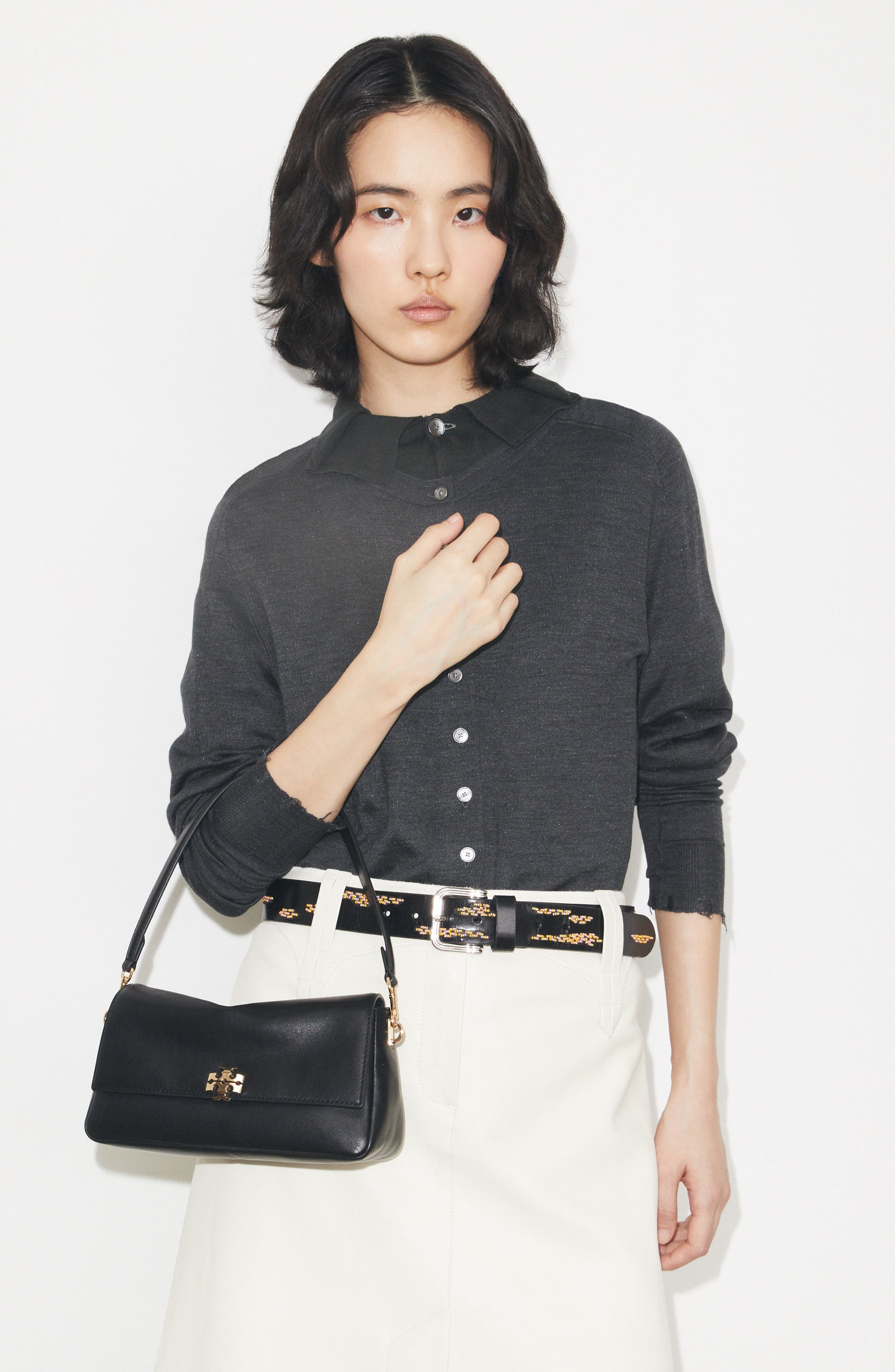 Tory Burch Small Charlie Leather Shoulder Bag, Alternate, color, Black