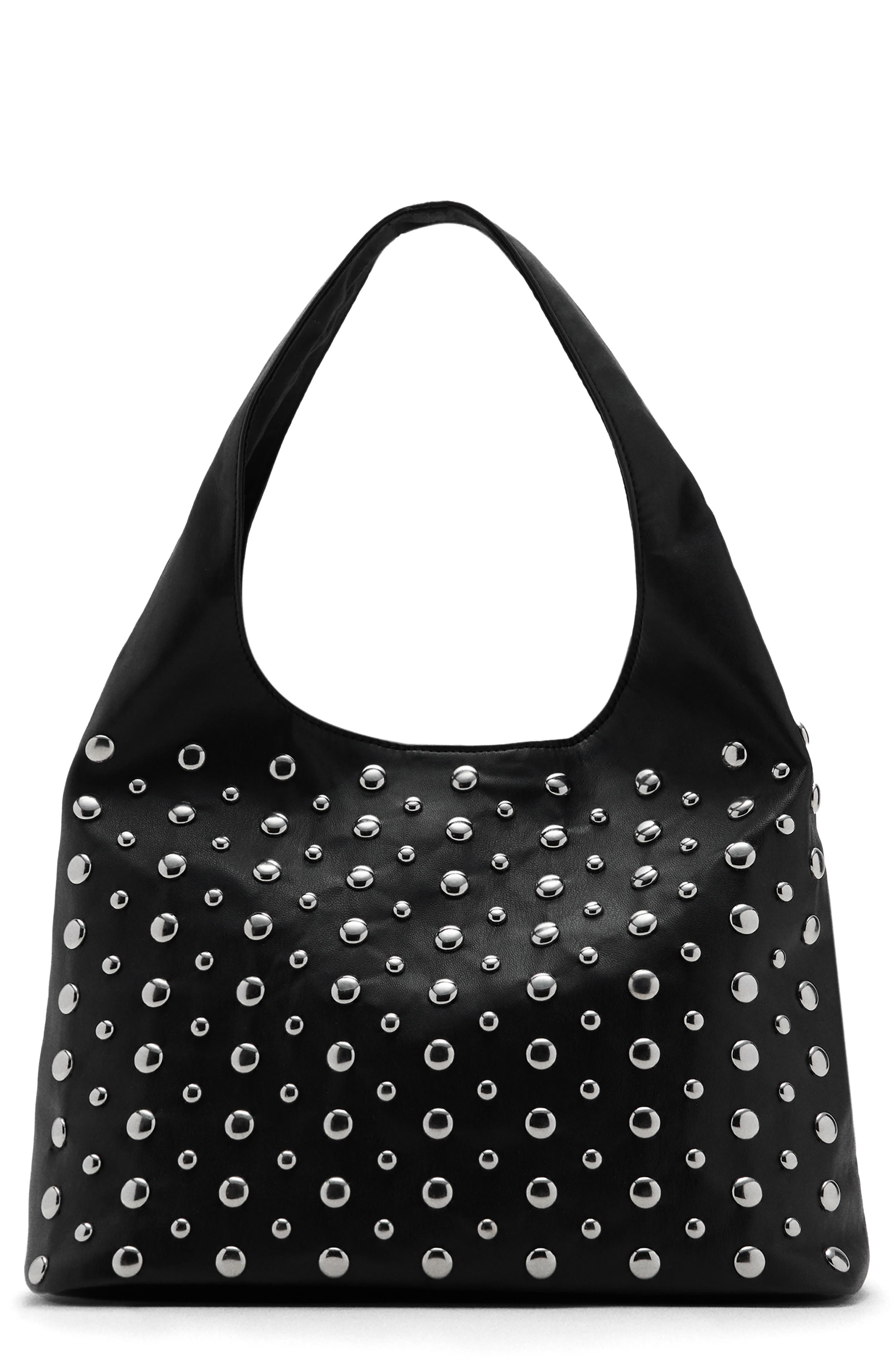 MANGO TEEN Stud Faux Leather Sack Shoulder Bag, Main, color, Black